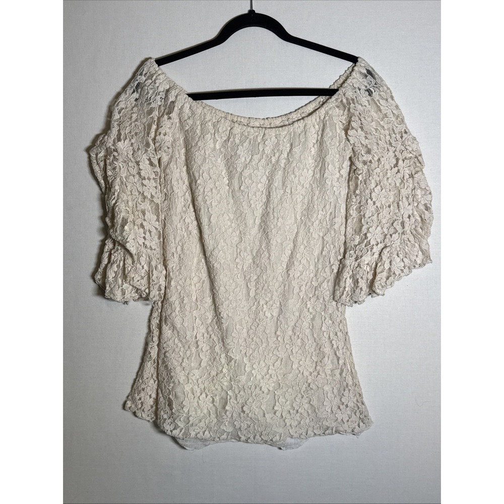 Elan Womens Off The Shoulder Top Smocked Puff Sleeve Cream Blouse Size Medium